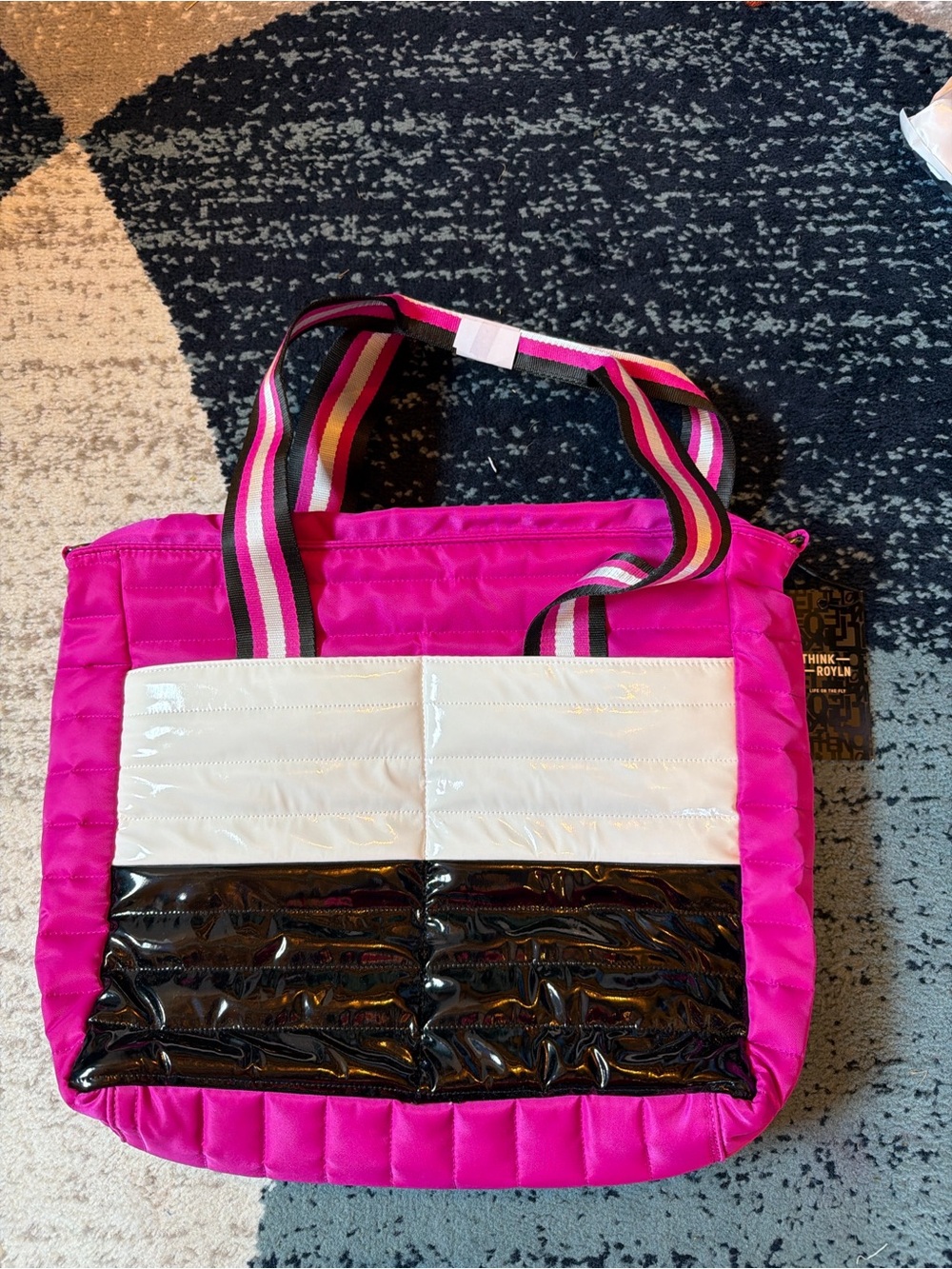 Think Royln Quilted Puffer Tote Pink Black White Striped Strap Bag New with tag
